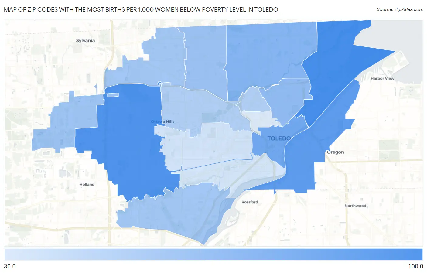 Zip Codes with the Most Births per 1,000 Women Below Poverty Level in Toledo Map