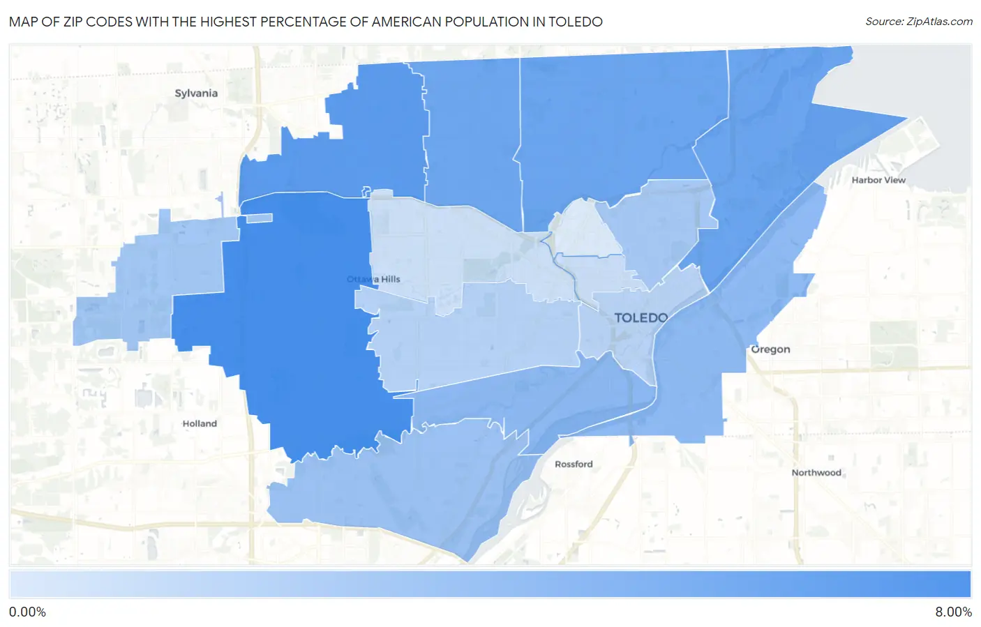 Zip Codes with the Highest Percentage of American Population in Toledo Map
