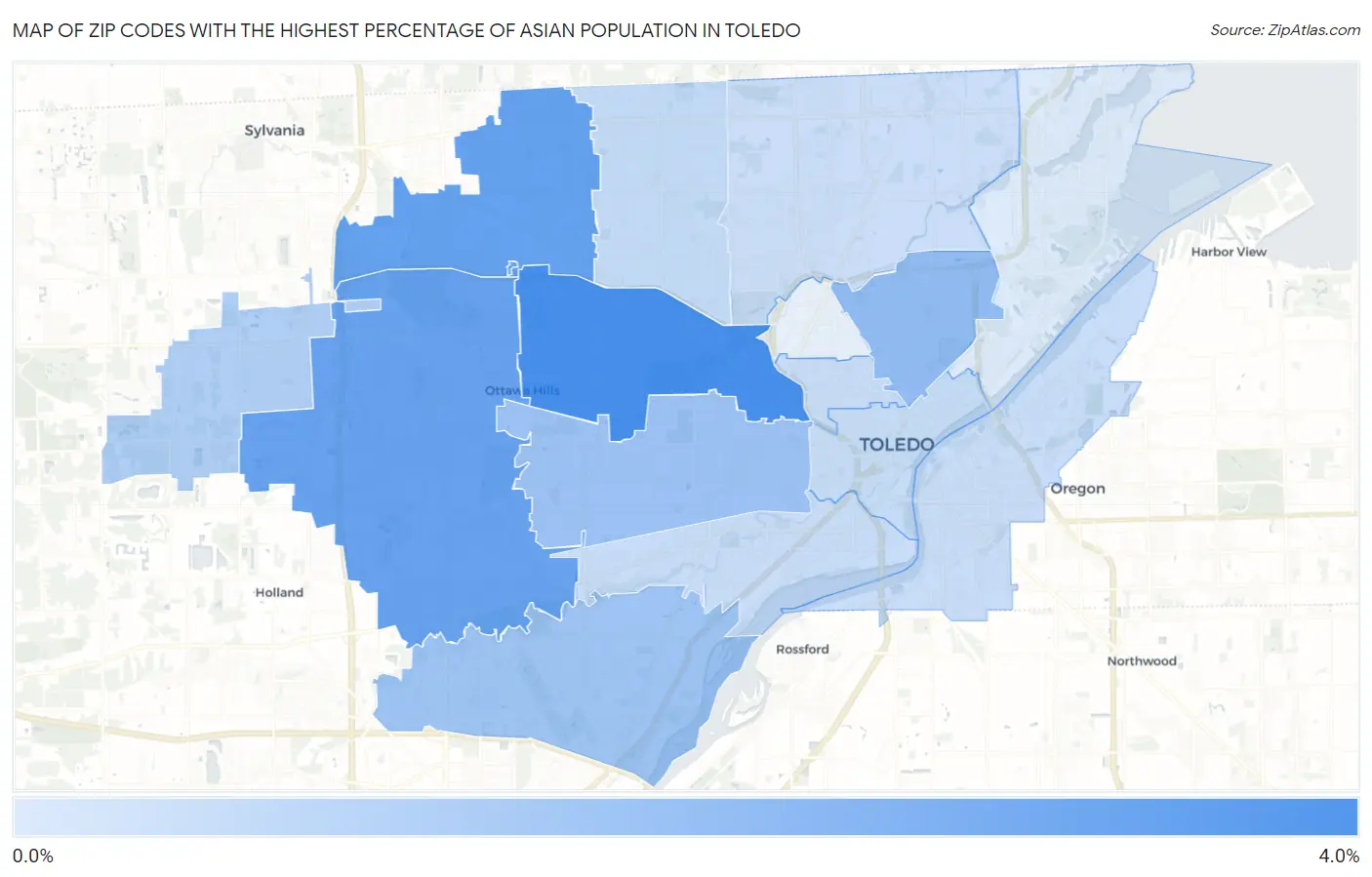 Zip Codes with the Highest Percentage of Asian Population in Toledo Map