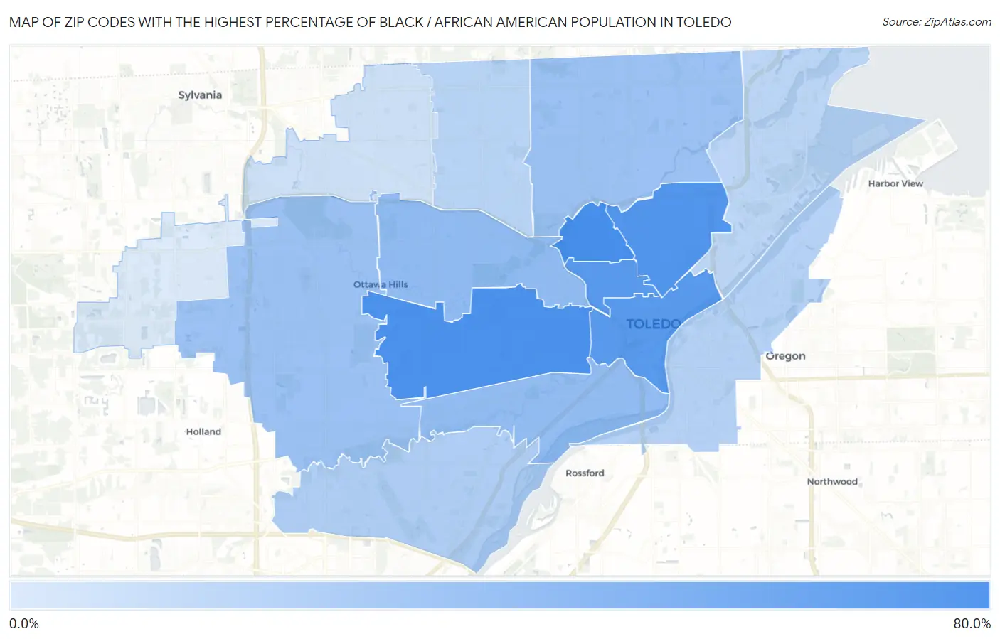 Zip Codes with the Highest Percentage of Black / African American Population in Toledo Map