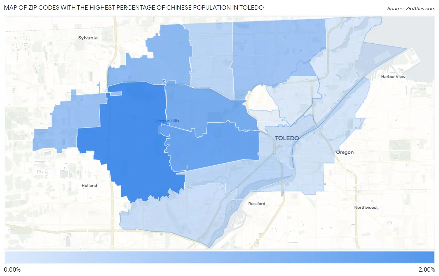 Zip Codes with the Highest Percentage of Chinese Population in Toledo Map