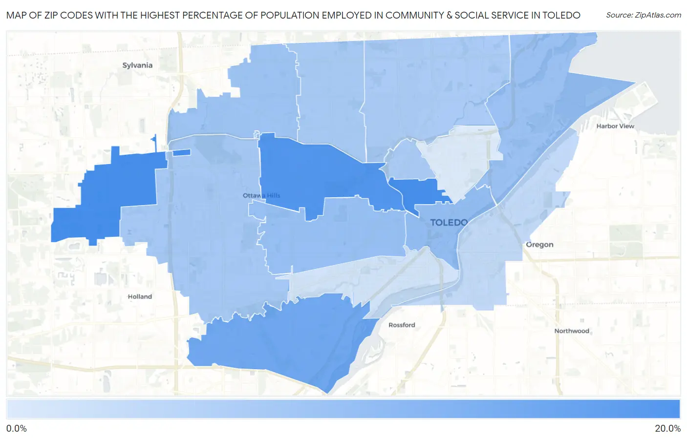 Zip Codes with the Highest Percentage of Population Employed in Community & Social Service  in Toledo Map