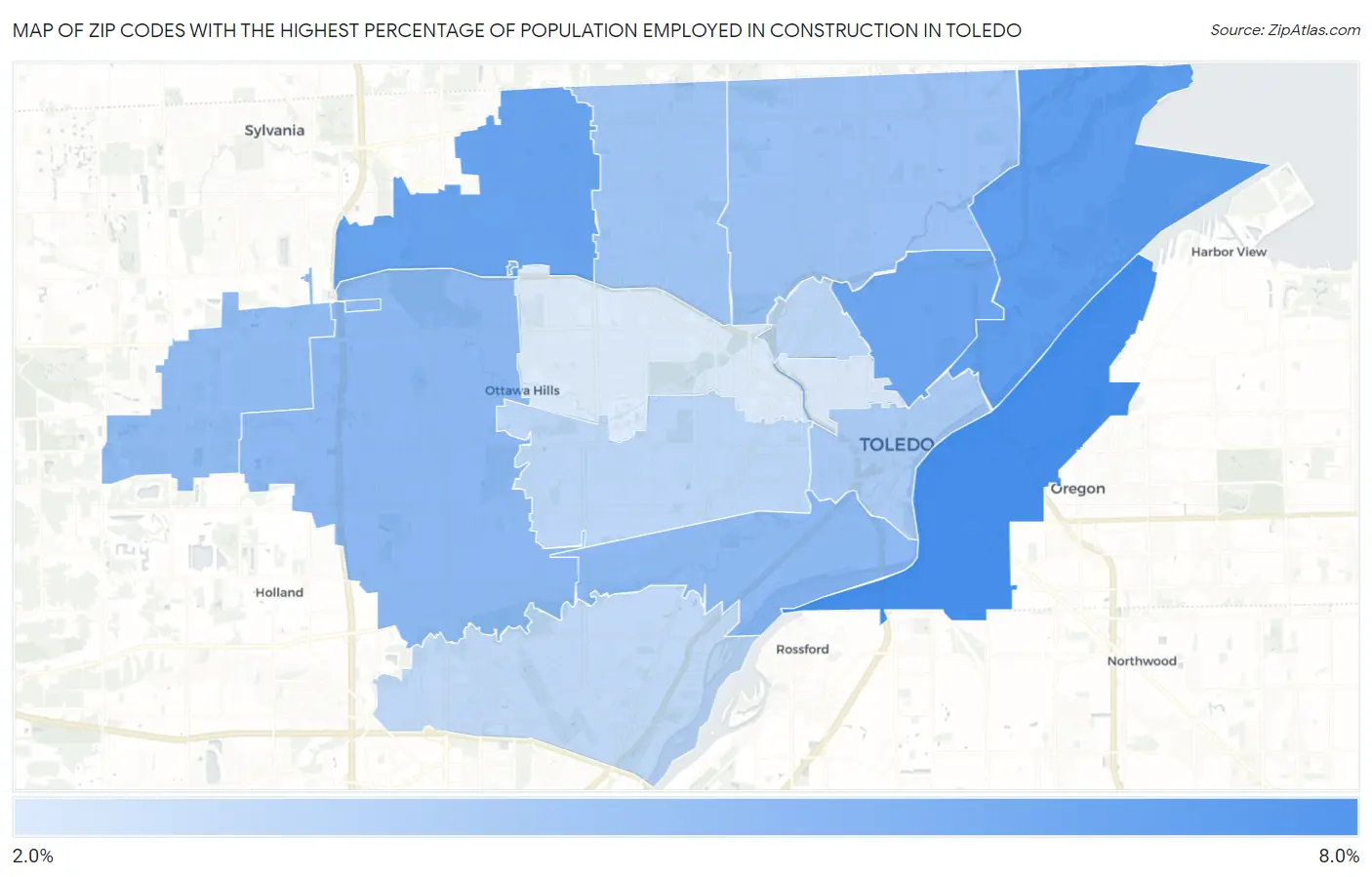 Zip Codes with the Highest Percentage of Population Employed in Construction in Toledo Map
