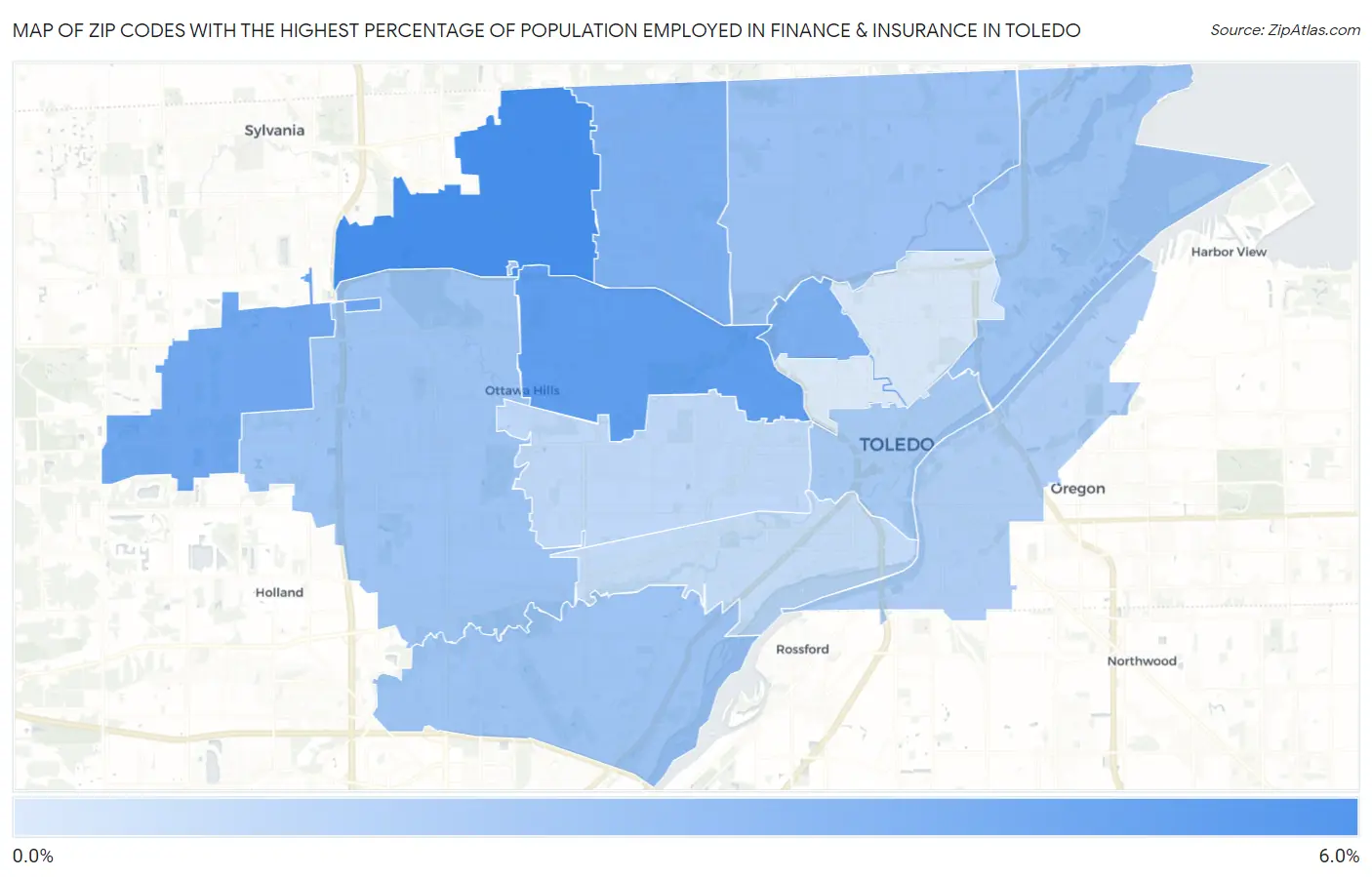 Zip Codes with the Highest Percentage of Population Employed in Finance & Insurance in Toledo Map