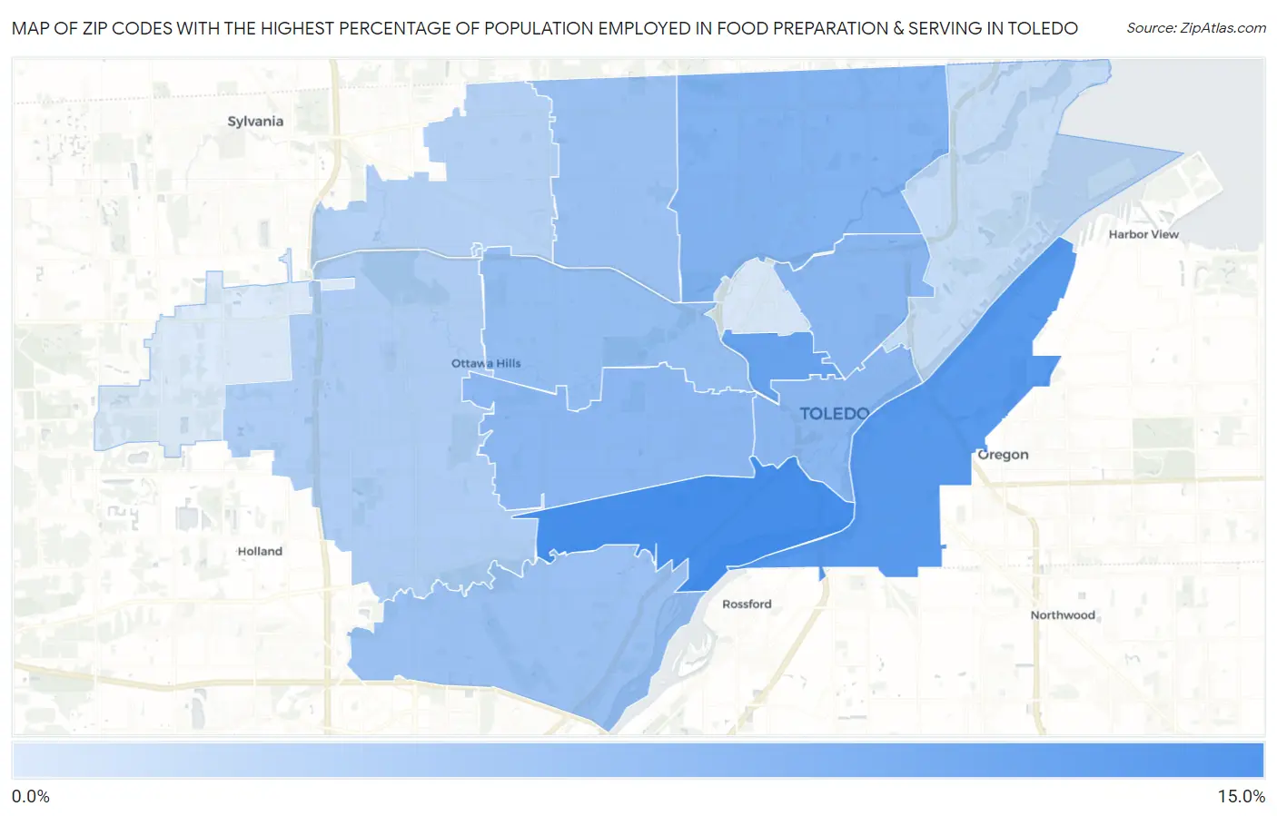 Zip Codes with the Highest Percentage of Population Employed in Food Preparation & Serving in Toledo Map