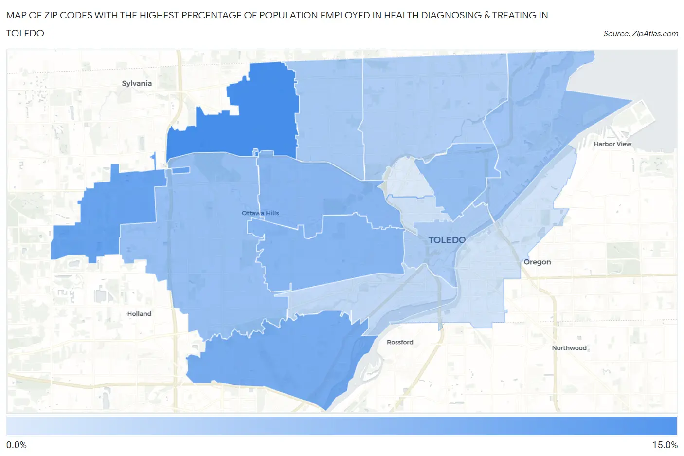 Zip Codes with the Highest Percentage of Population Employed in Health Diagnosing & Treating in Toledo Map