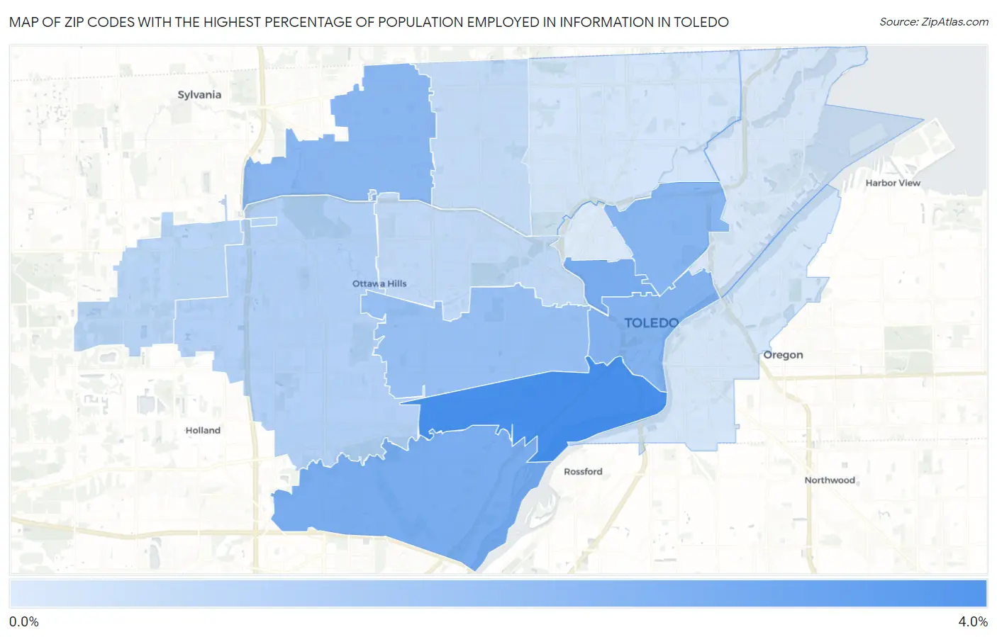 Zip Codes with the Highest Percentage of Population Employed in Information in Toledo Map