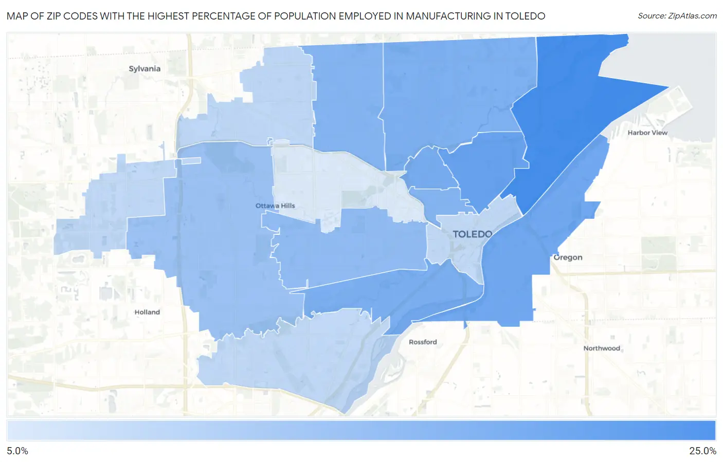 Zip Codes with the Highest Percentage of Population Employed in Manufacturing in Toledo Map