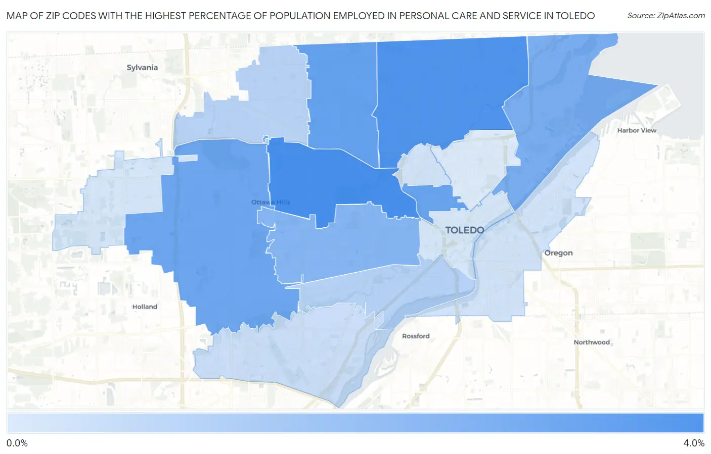 Zip Codes with the Highest Percentage of Population Employed in Personal Care and Service in Toledo Map