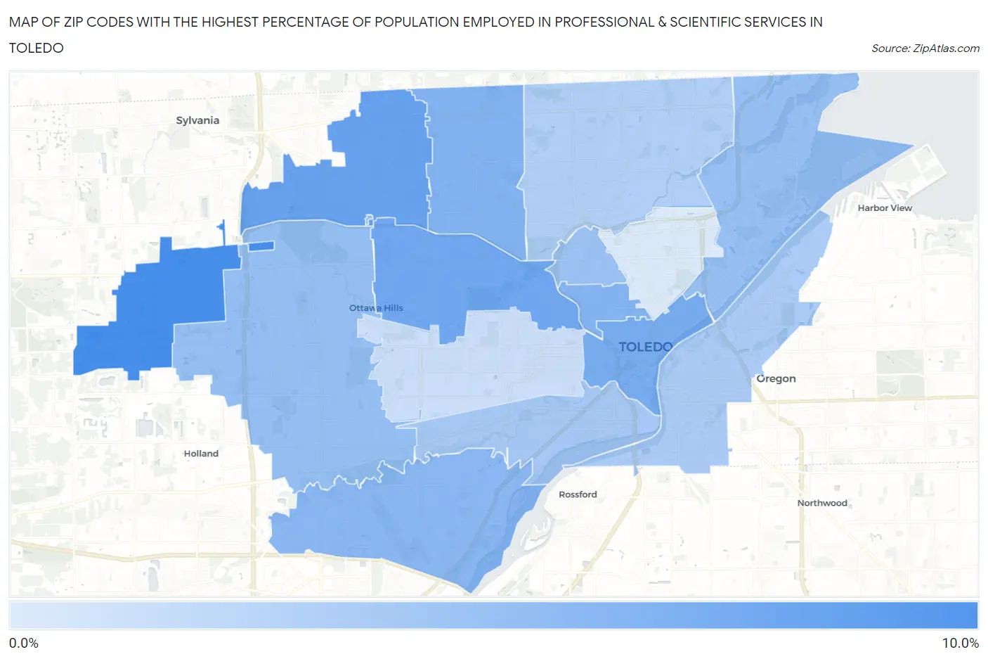 Zip Codes with the Highest Percentage of Population Employed in Professional & Scientific Services in Toledo Map