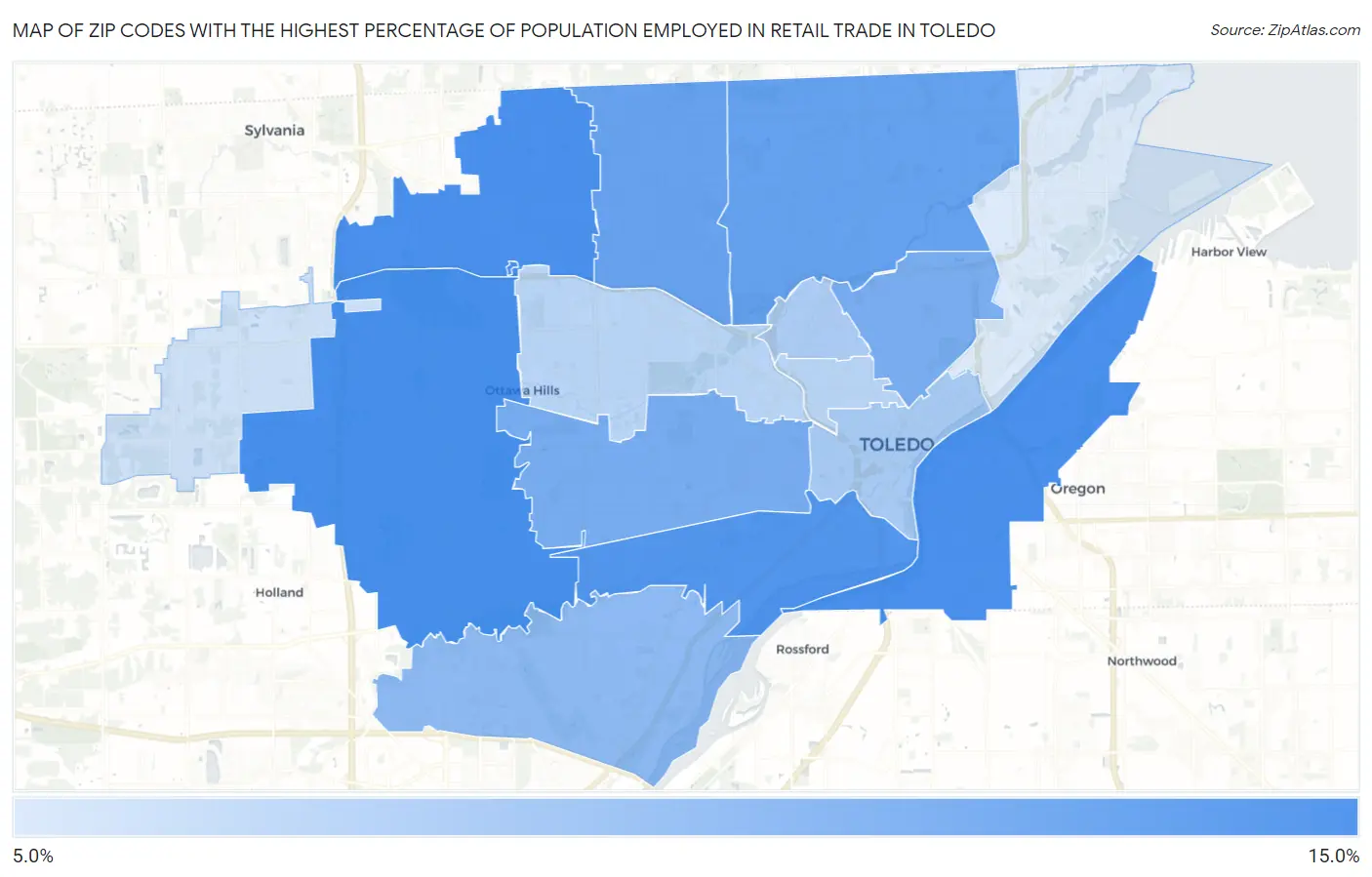 Zip Codes with the Highest Percentage of Population Employed in Retail Trade in Toledo Map