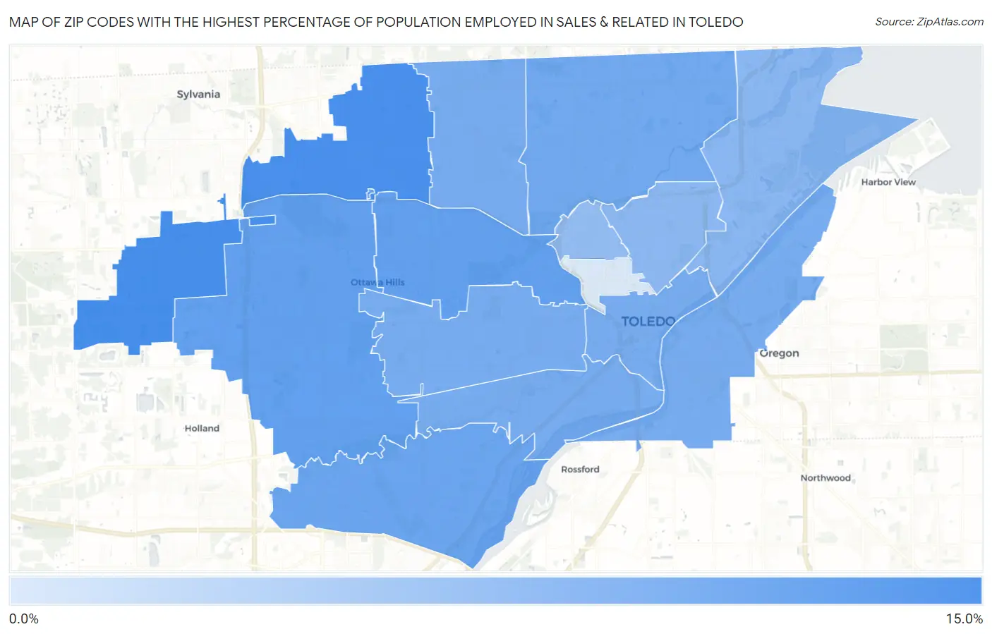 Zip Codes with the Highest Percentage of Population Employed in Sales & Related in Toledo Map