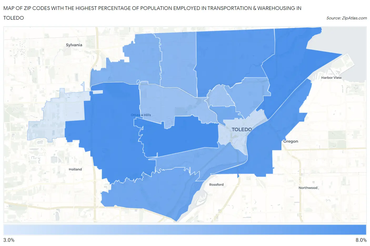 Zip Codes with the Highest Percentage of Population Employed in Transportation & Warehousing in Toledo Map