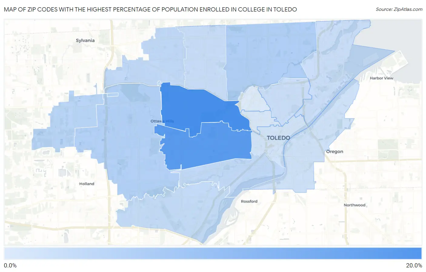 Zip Codes with the Highest Percentage of Population Enrolled in College in Toledo Map