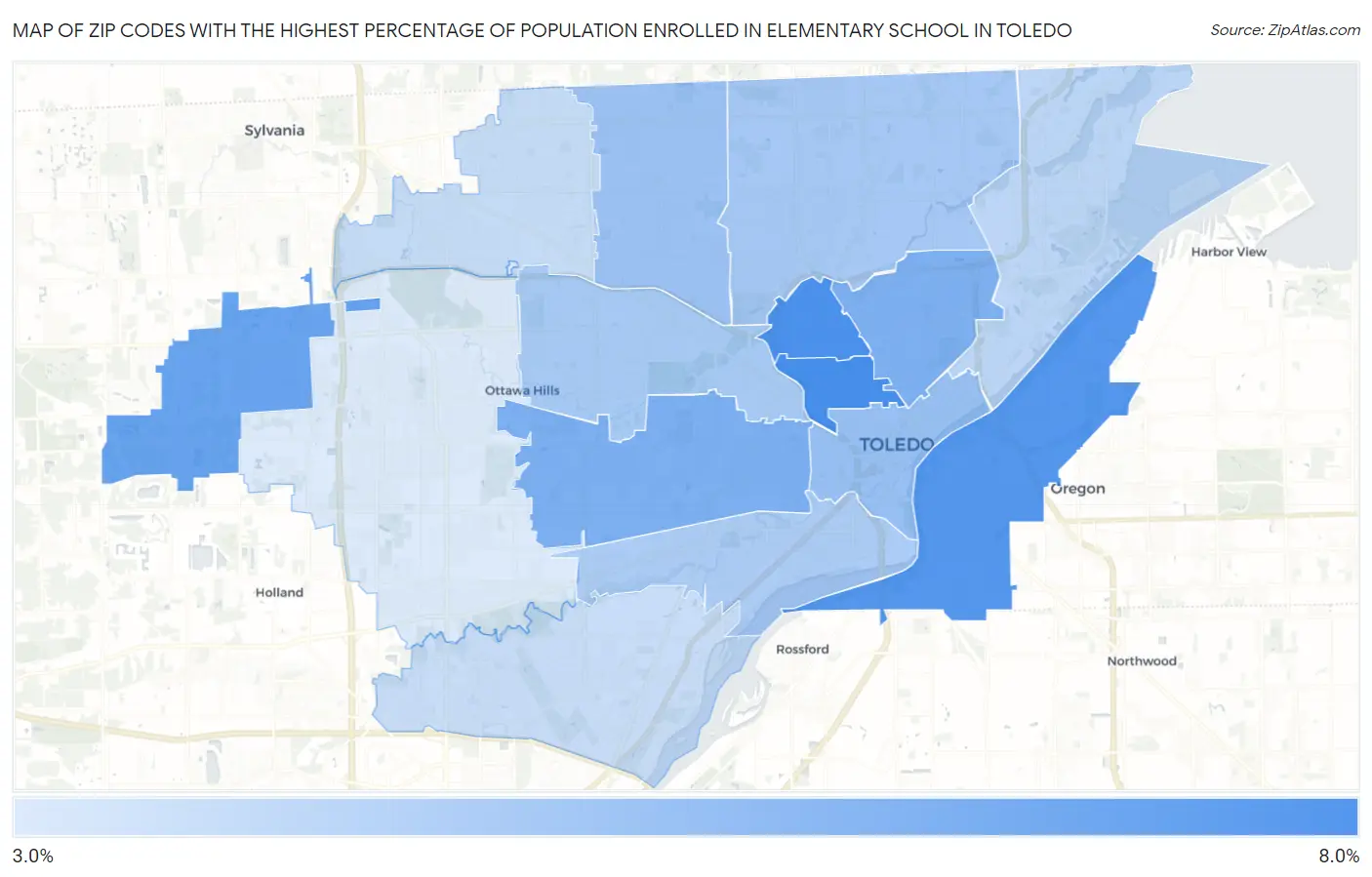 Zip Codes with the Highest Percentage of Population Enrolled in Elementary School in Toledo Map