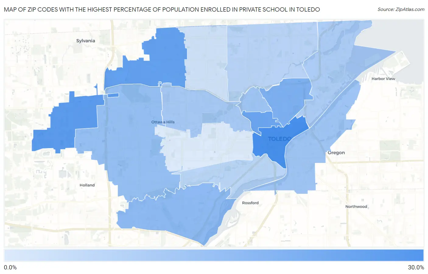 Zip Codes with the Highest Percentage of Population Enrolled in Private School in Toledo Map