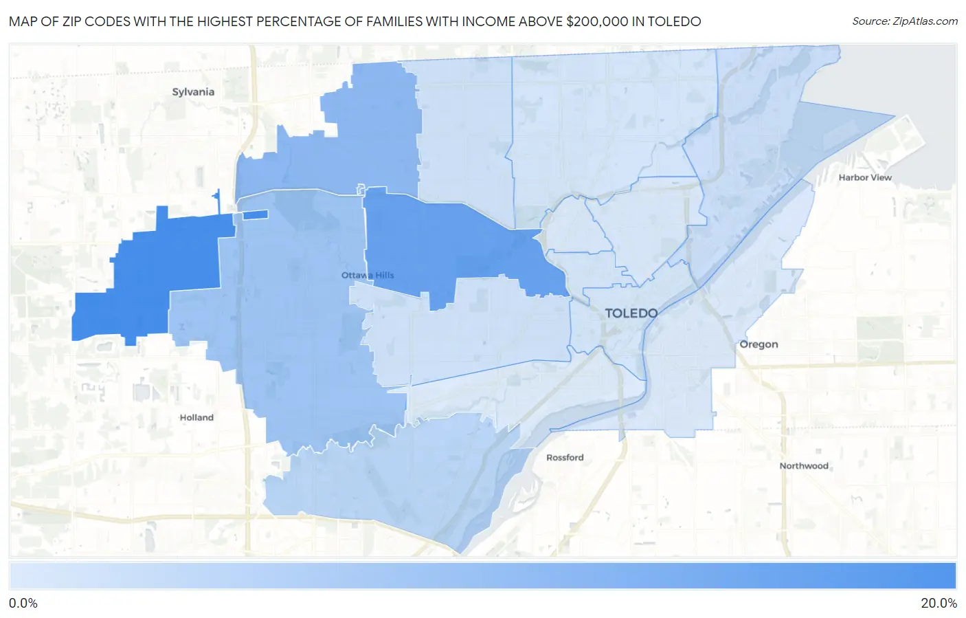 Zip Codes with the Highest Percentage of Families with Income Above $200,000 in Toledo Map