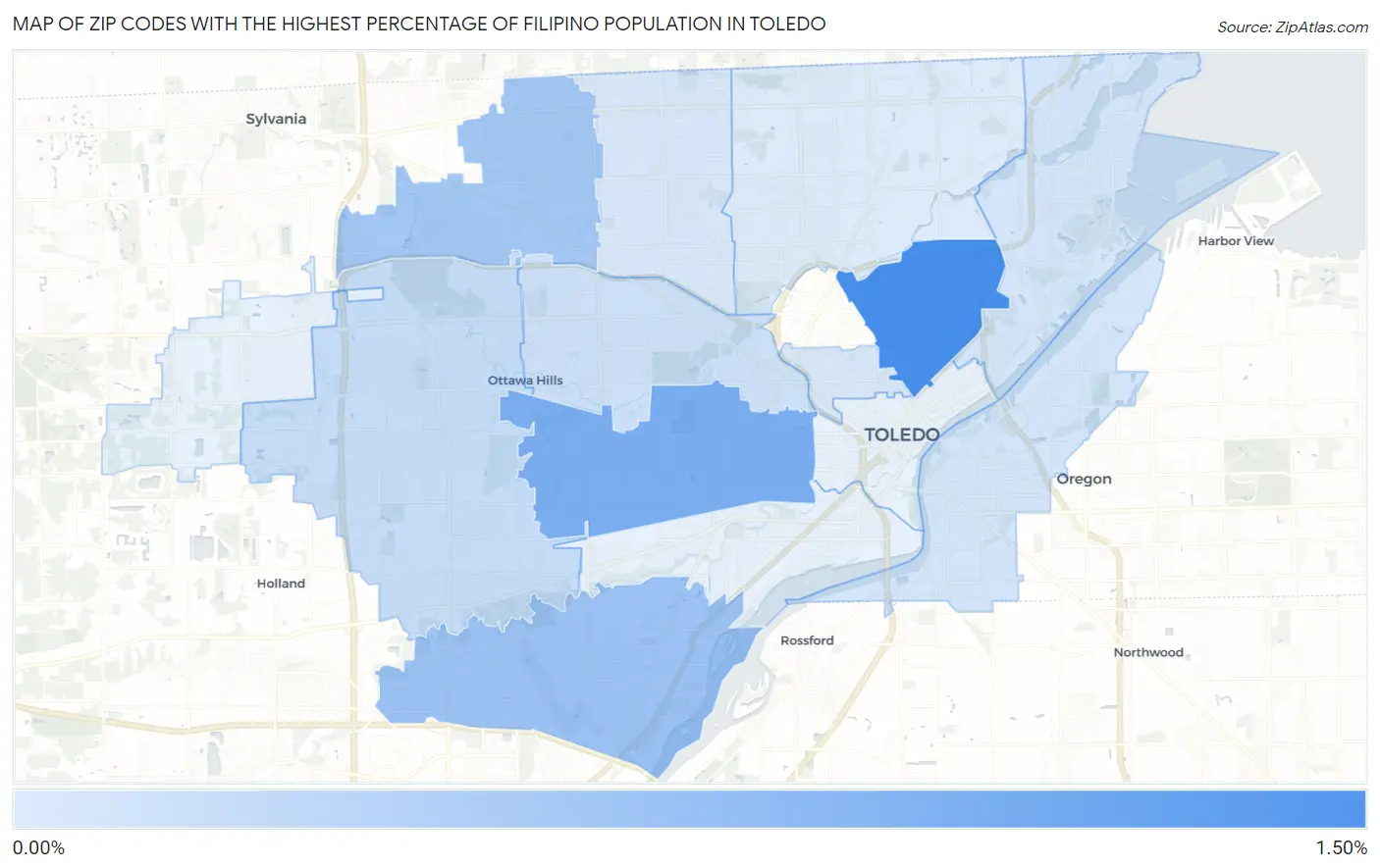 Zip Codes with the Highest Percentage of Filipino Population in Toledo Map