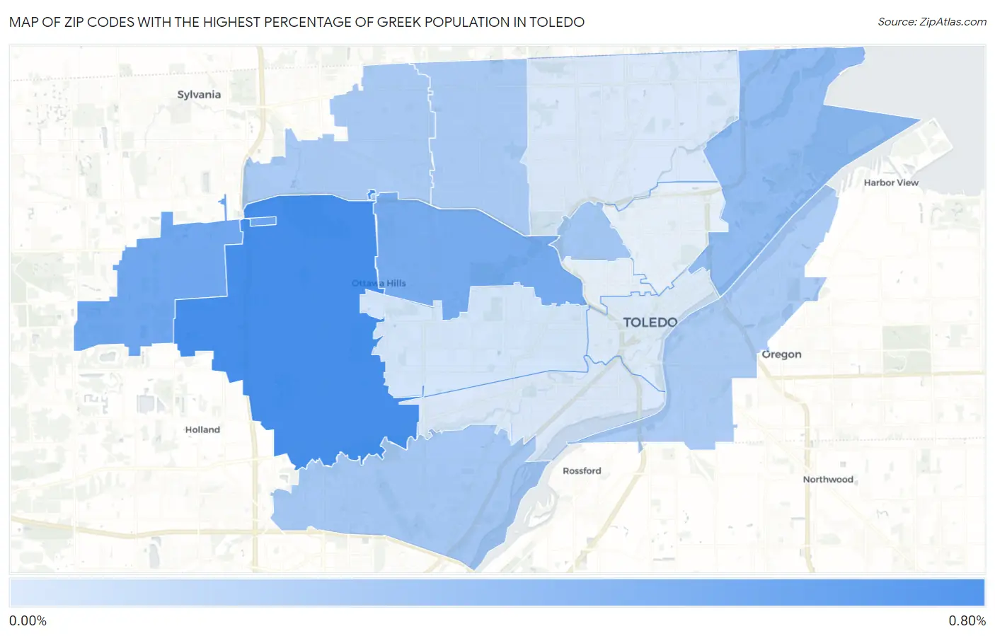 Zip Codes with the Highest Percentage of Greek Population in Toledo Map