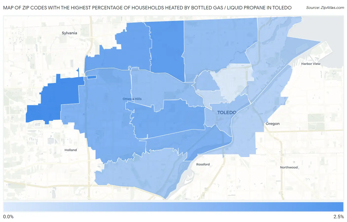 Zip Codes with the Highest Percentage of Households Heated by Bottled Gas / Liquid Propane in Toledo Map