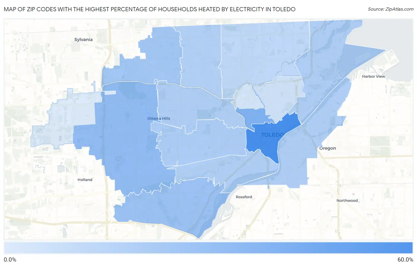 Zip Codes with the Highest Percentage of Households Heated by Electricity in Toledo Map