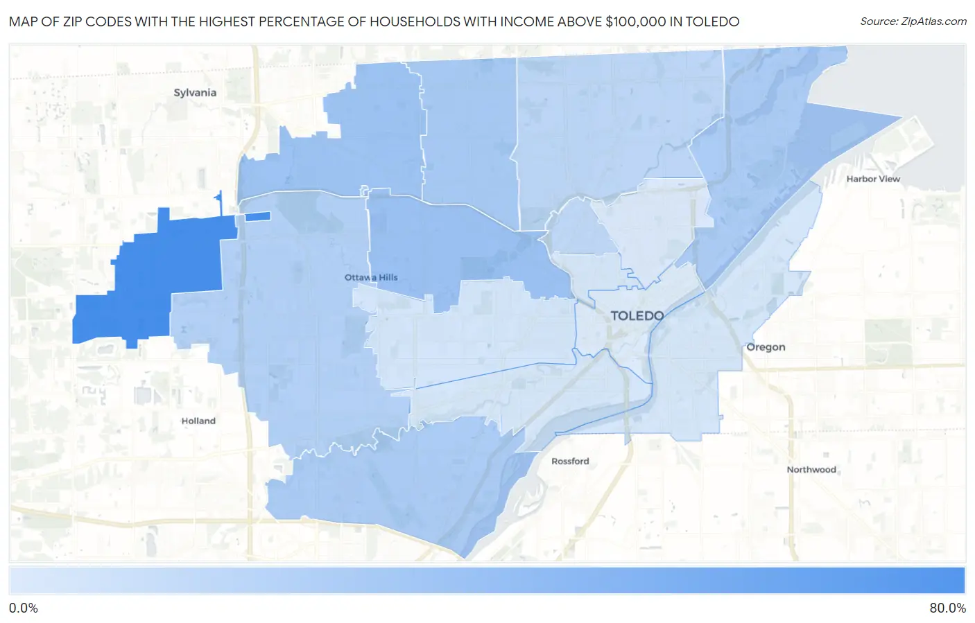 Zip Codes with the Highest Percentage of Households with Income Above $100,000 in Toledo Map