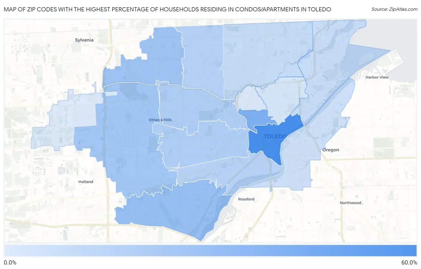 Zip Codes with the Highest Percentage of Households Residing in Condos/Apartments in Toledo Map