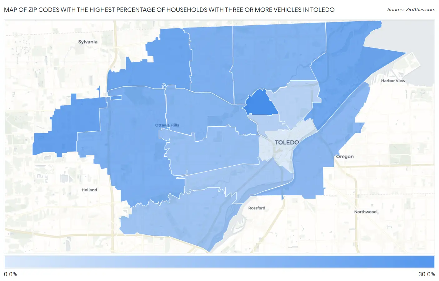 Zip Codes with the Highest Percentage of Households With Three or more Vehicles in Toledo Map