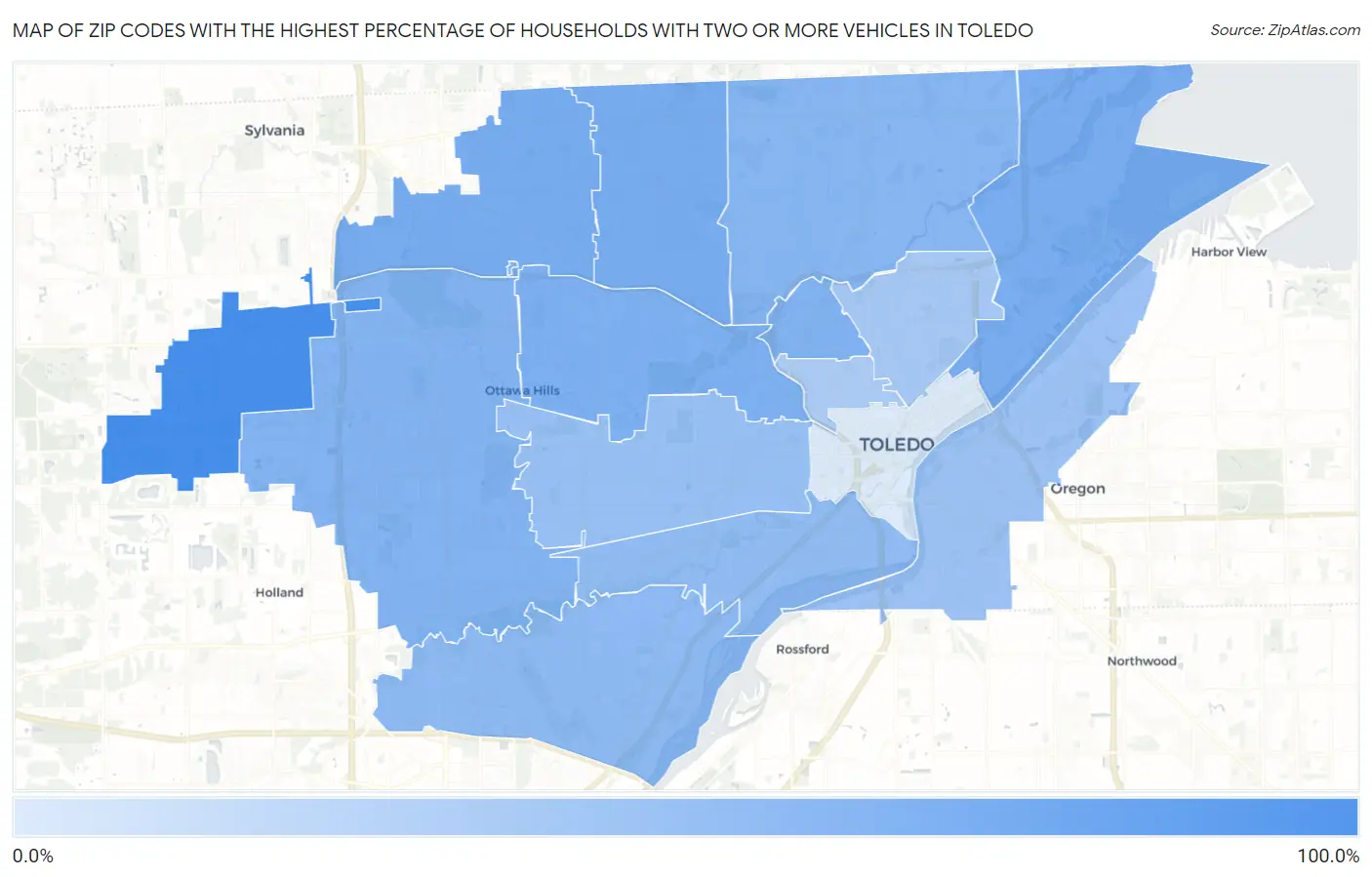 Zip Codes with the Highest Percentage of Households With Two or more Vehicles in Toledo Map