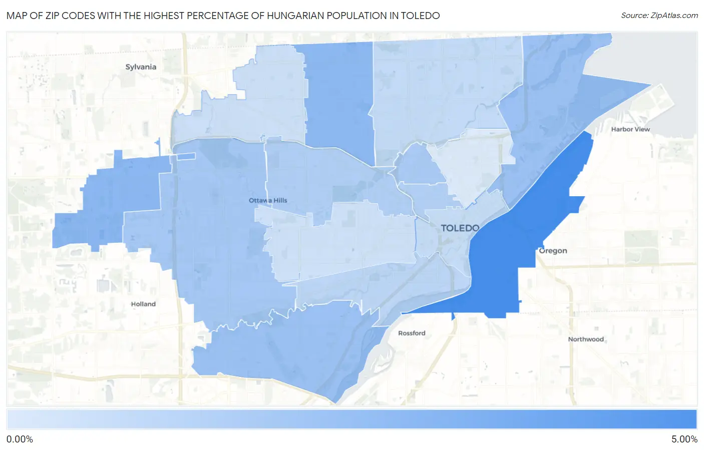 Zip Codes with the Highest Percentage of Hungarian Population in Toledo Map