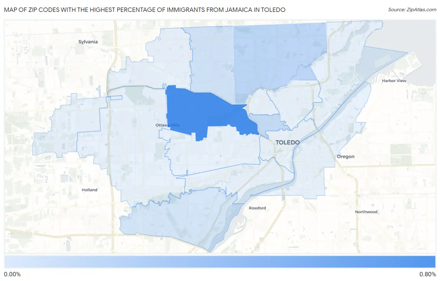 Zip Codes with the Highest Percentage of Immigrants from Jamaica in Toledo Map