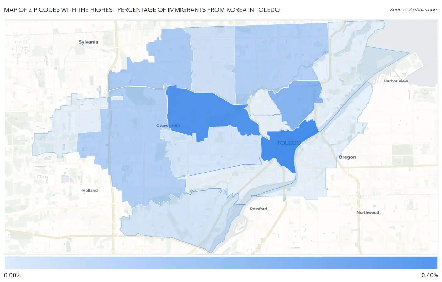 Zip Codes with the Highest Percentage of Immigrants from Korea in Toledo Map