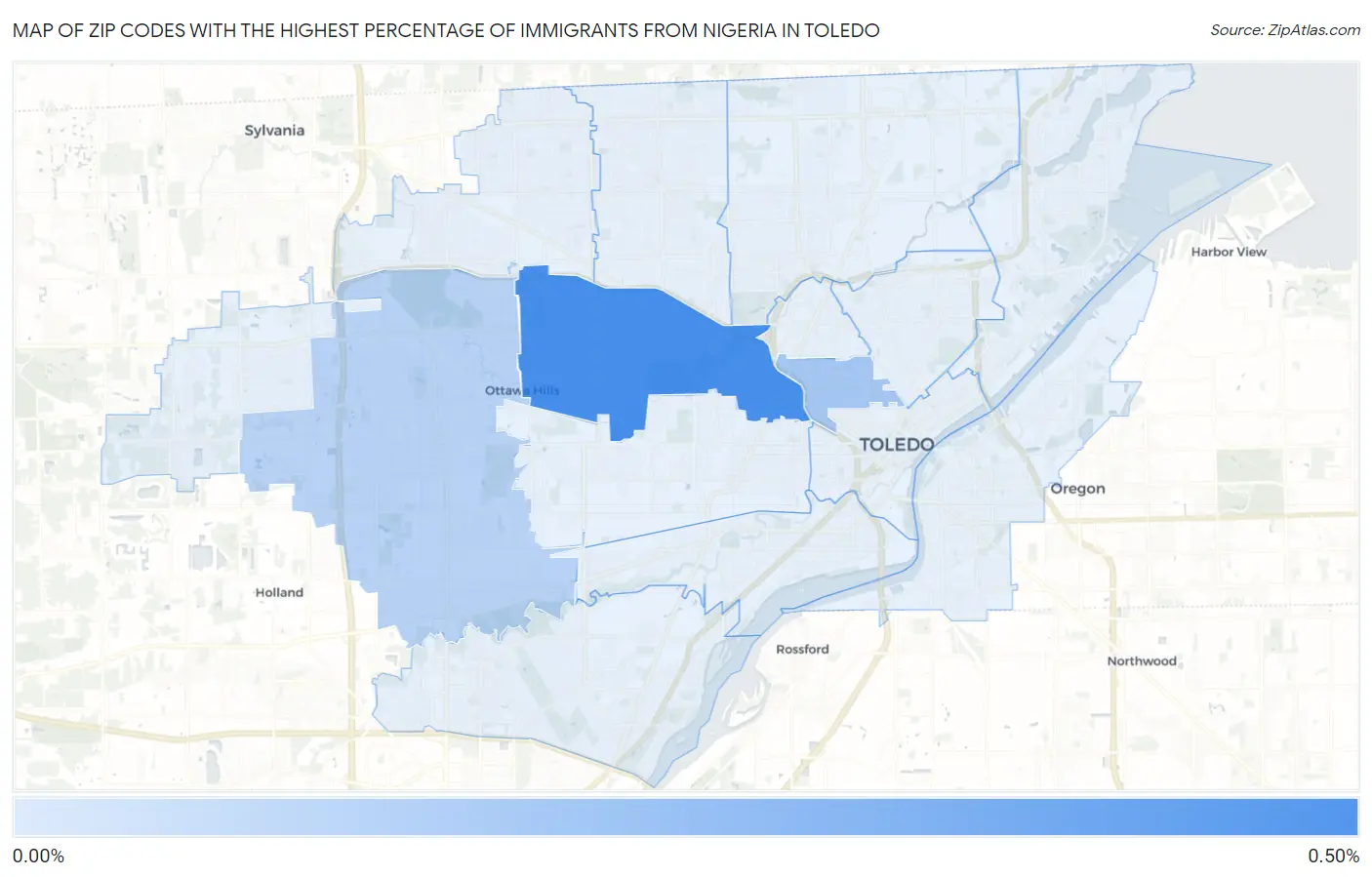 Zip Codes with the Highest Percentage of Immigrants from Nigeria in Toledo Map