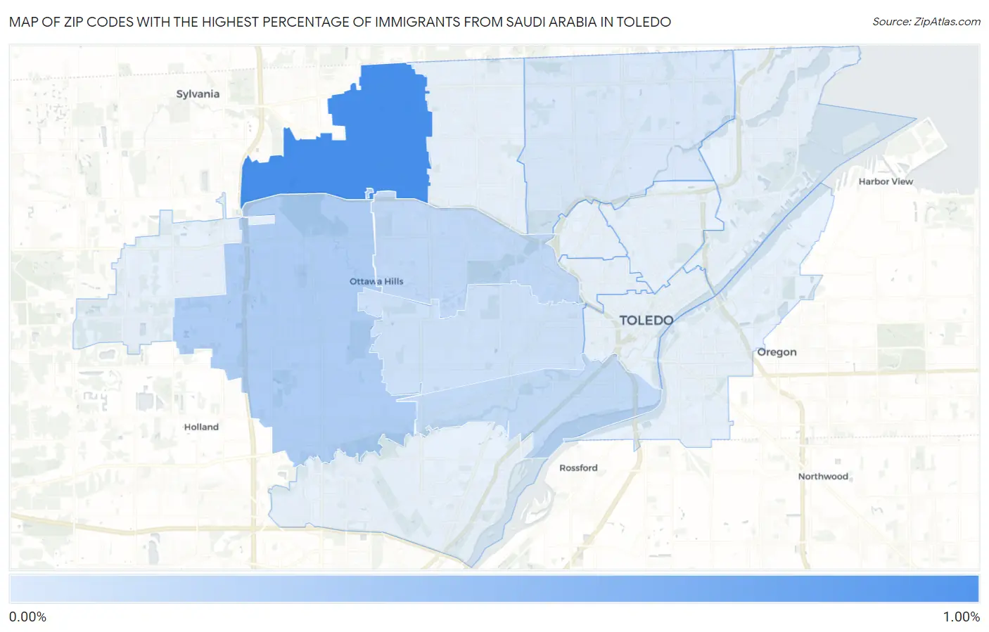Zip Codes with the Highest Percentage of Immigrants from Saudi Arabia in Toledo Map