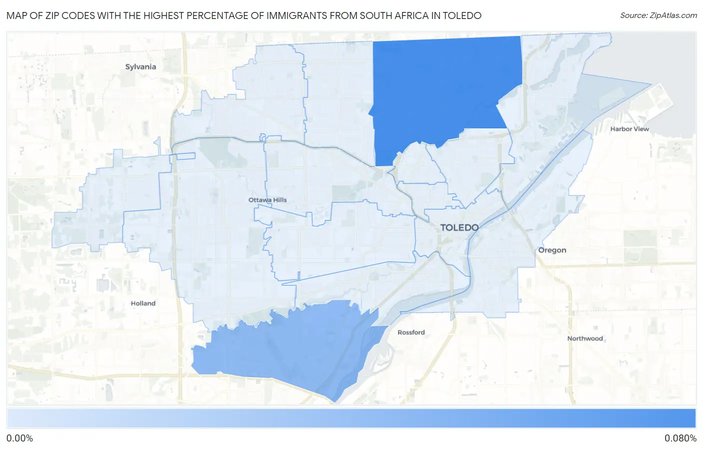 Zip Codes with the Highest Percentage of Immigrants from South Africa in Toledo Map