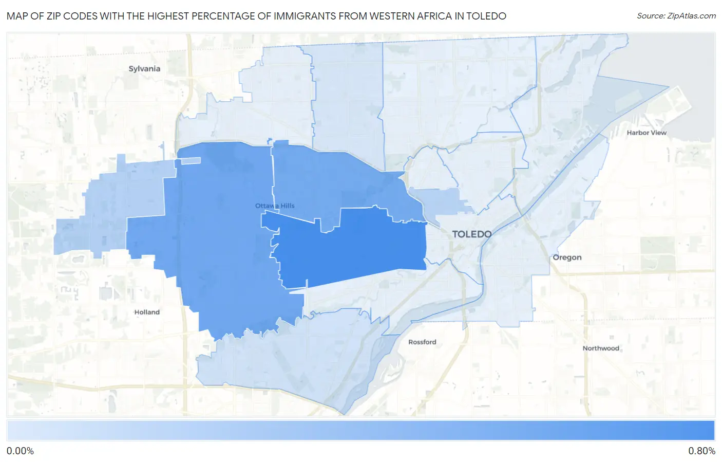 Zip Codes with the Highest Percentage of Immigrants from Western Africa in Toledo Map