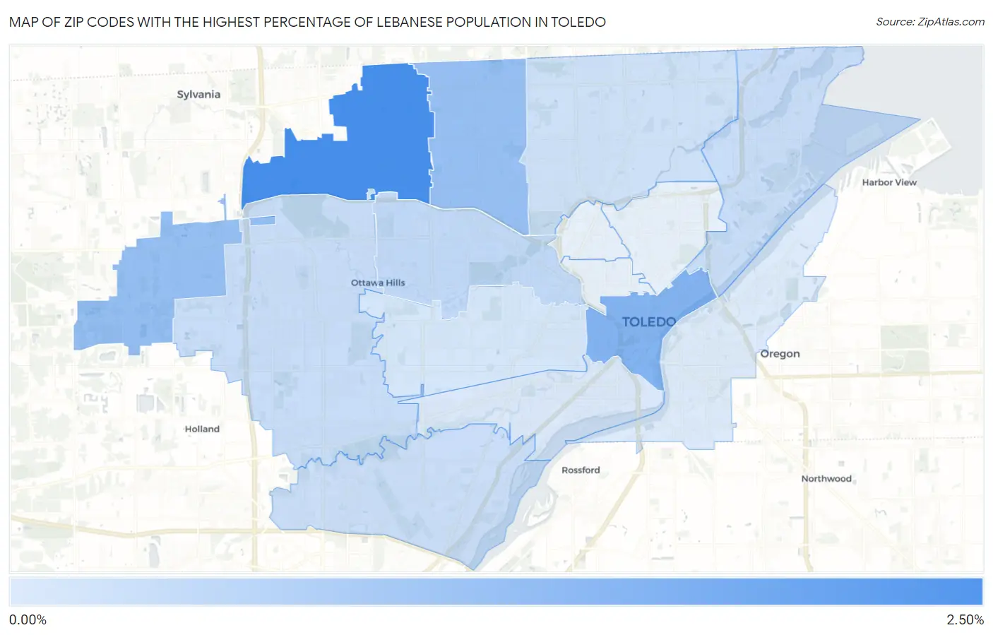Zip Codes with the Highest Percentage of Lebanese Population in Toledo Map