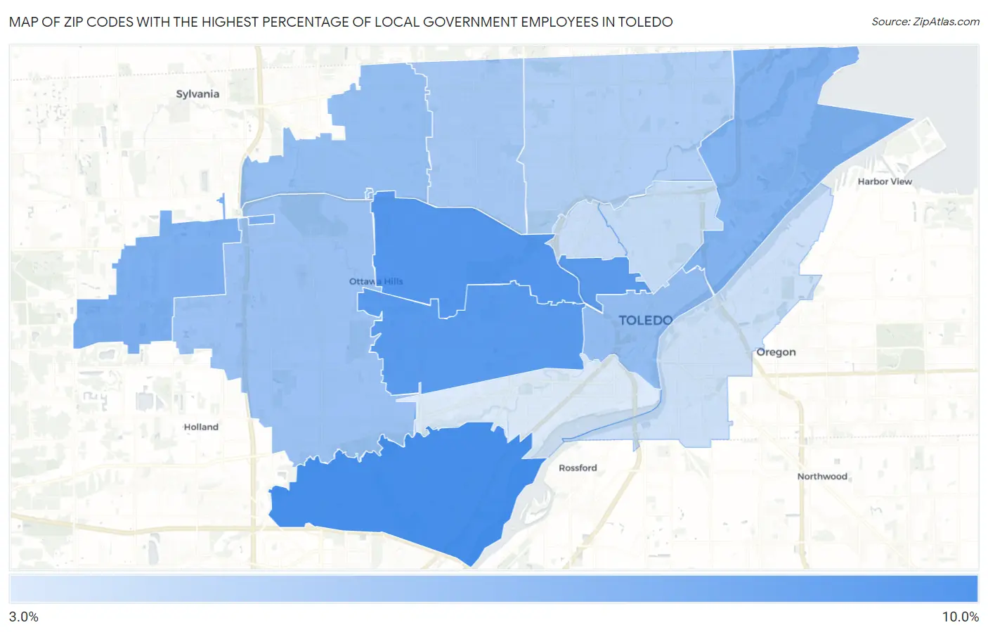 Zip Codes with the Highest Percentage of Local Government Employees in Toledo Map
