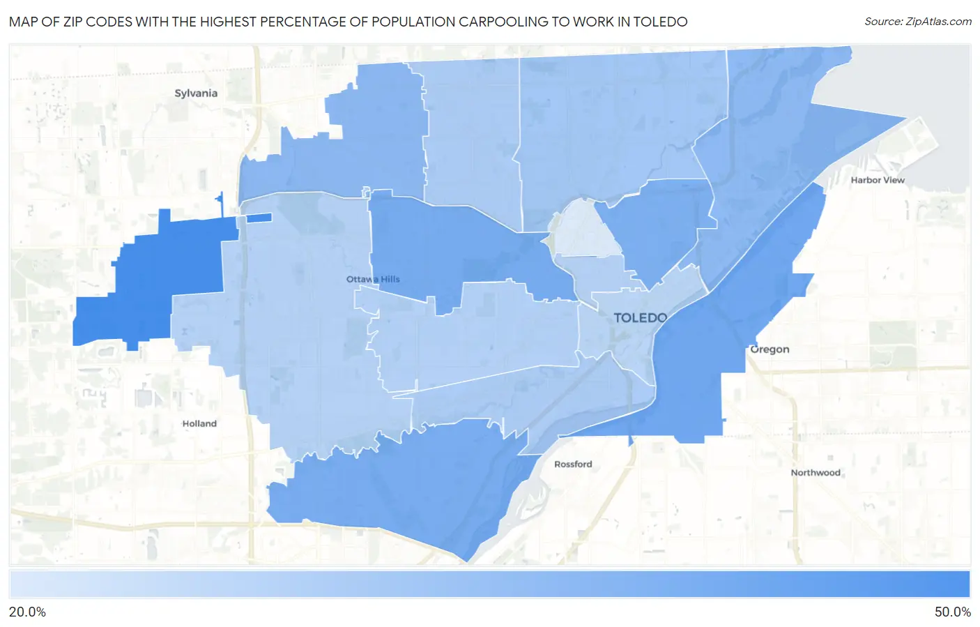 Zip Codes with the Highest Percentage of Population Carpooling to Work in Toledo Map