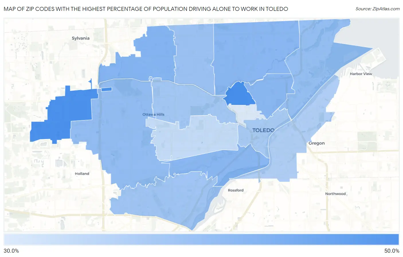 Zip Codes with the Highest Percentage of Population Driving Alone to Work in Toledo Map