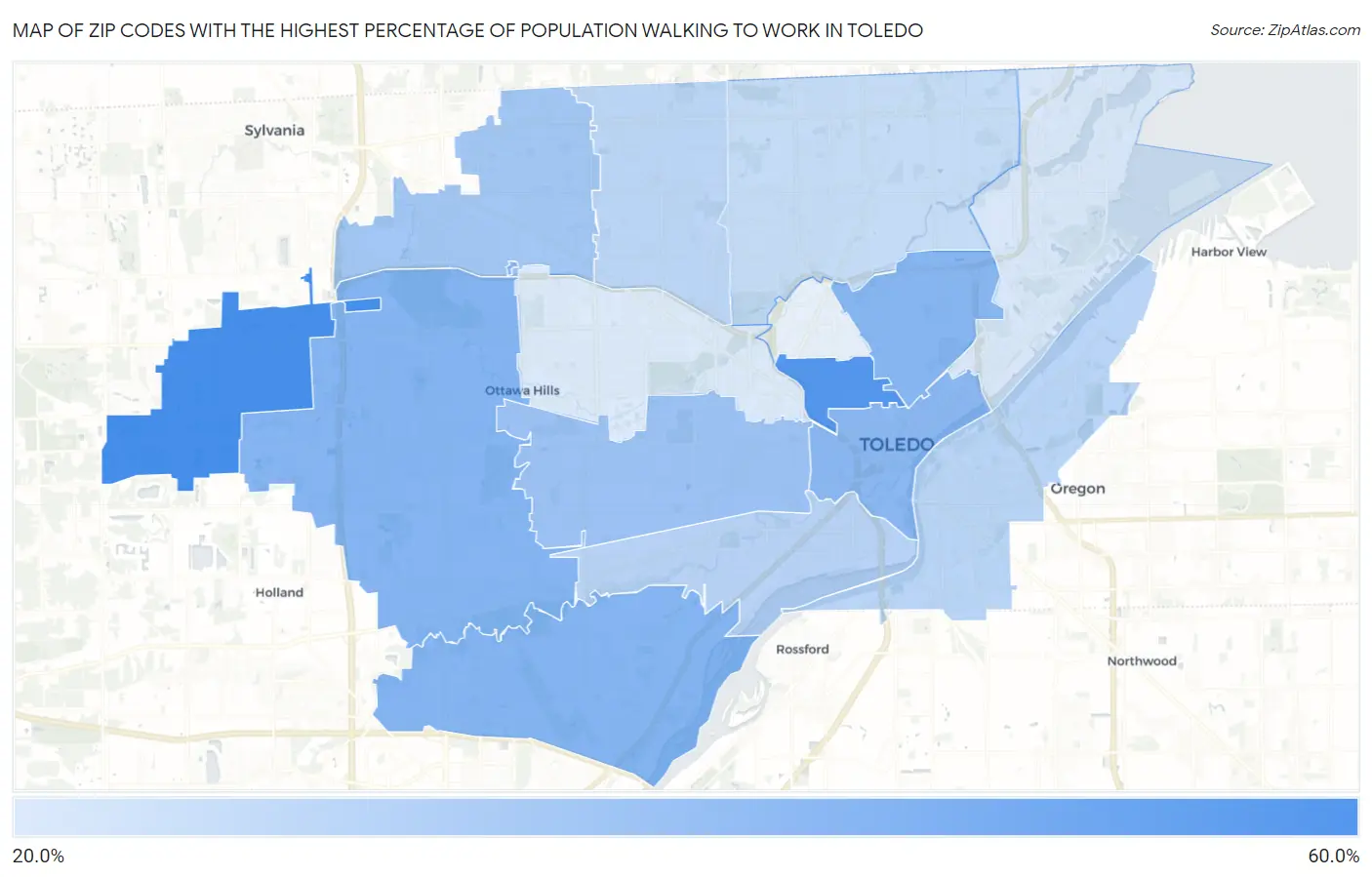 Zip Codes with the Highest Percentage of Population Walking to Work in Toledo Map