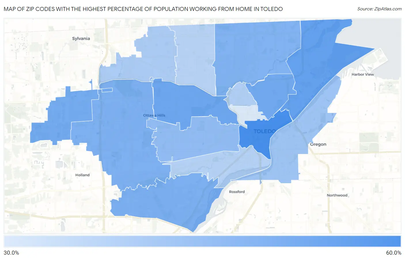 Zip Codes with the Highest Percentage of Population Working from Home in Toledo Map