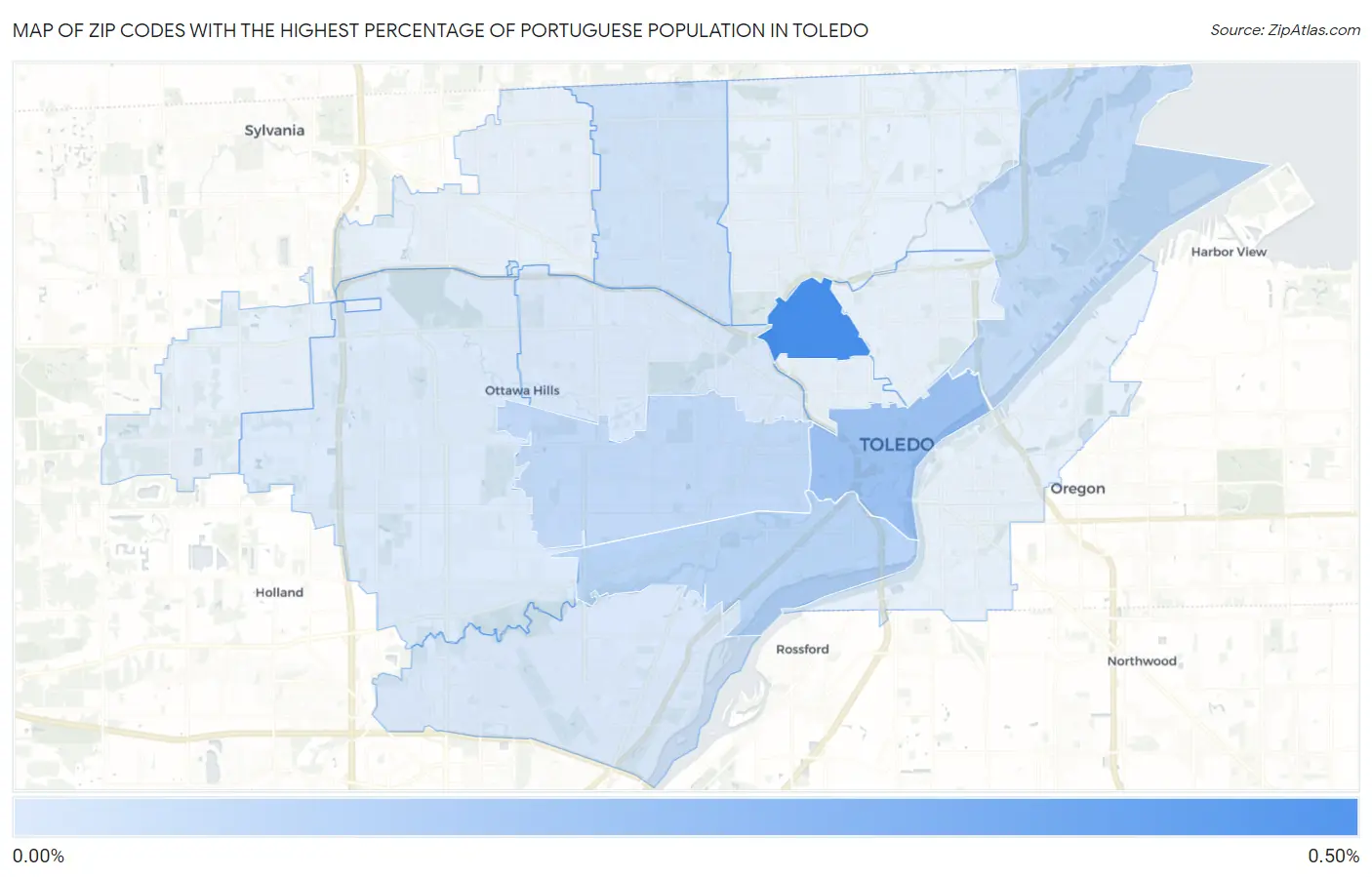 Zip Codes with the Highest Percentage of Portuguese Population in Toledo Map