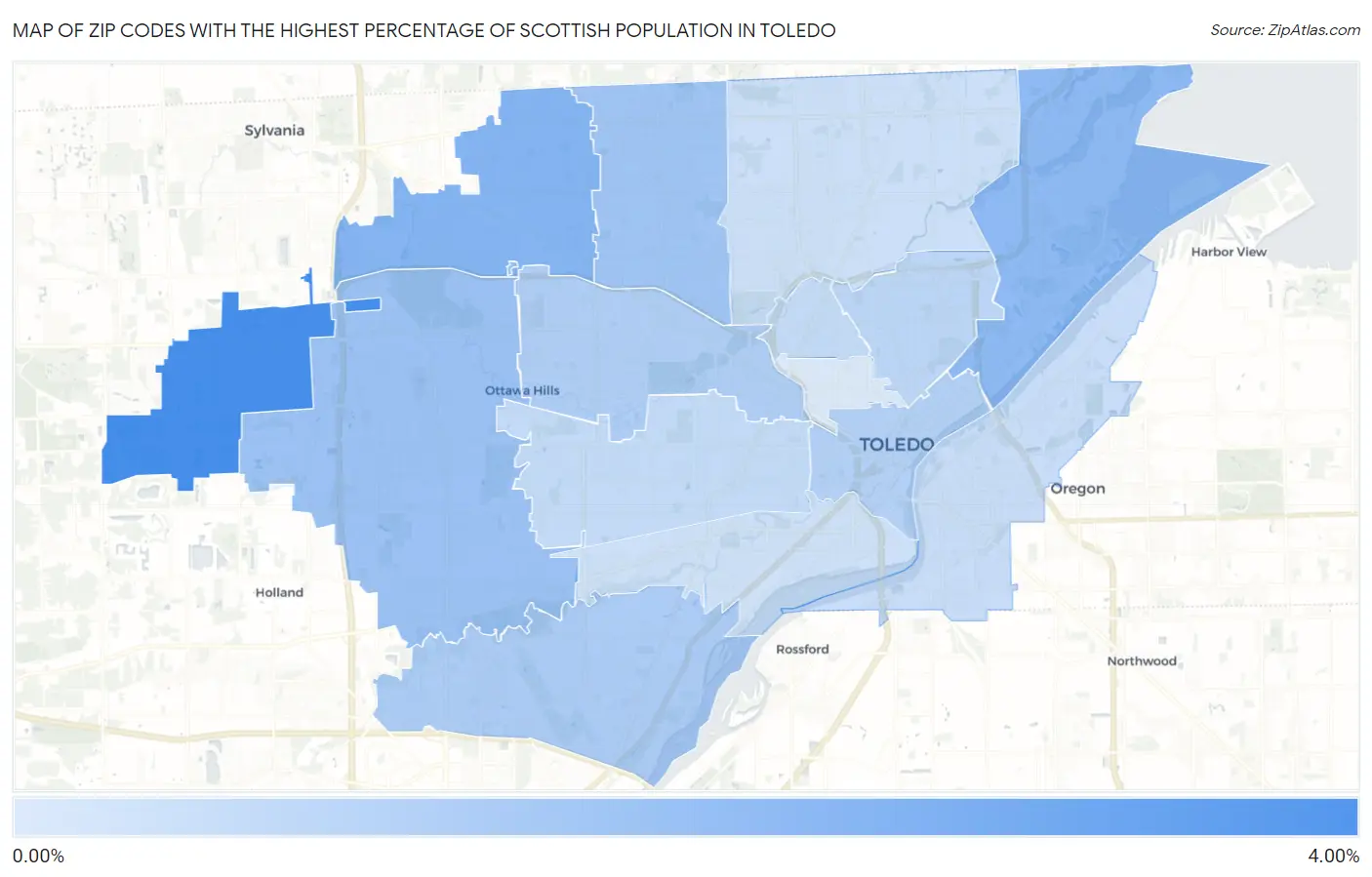 Zip Codes with the Highest Percentage of Scottish Population in Toledo Map