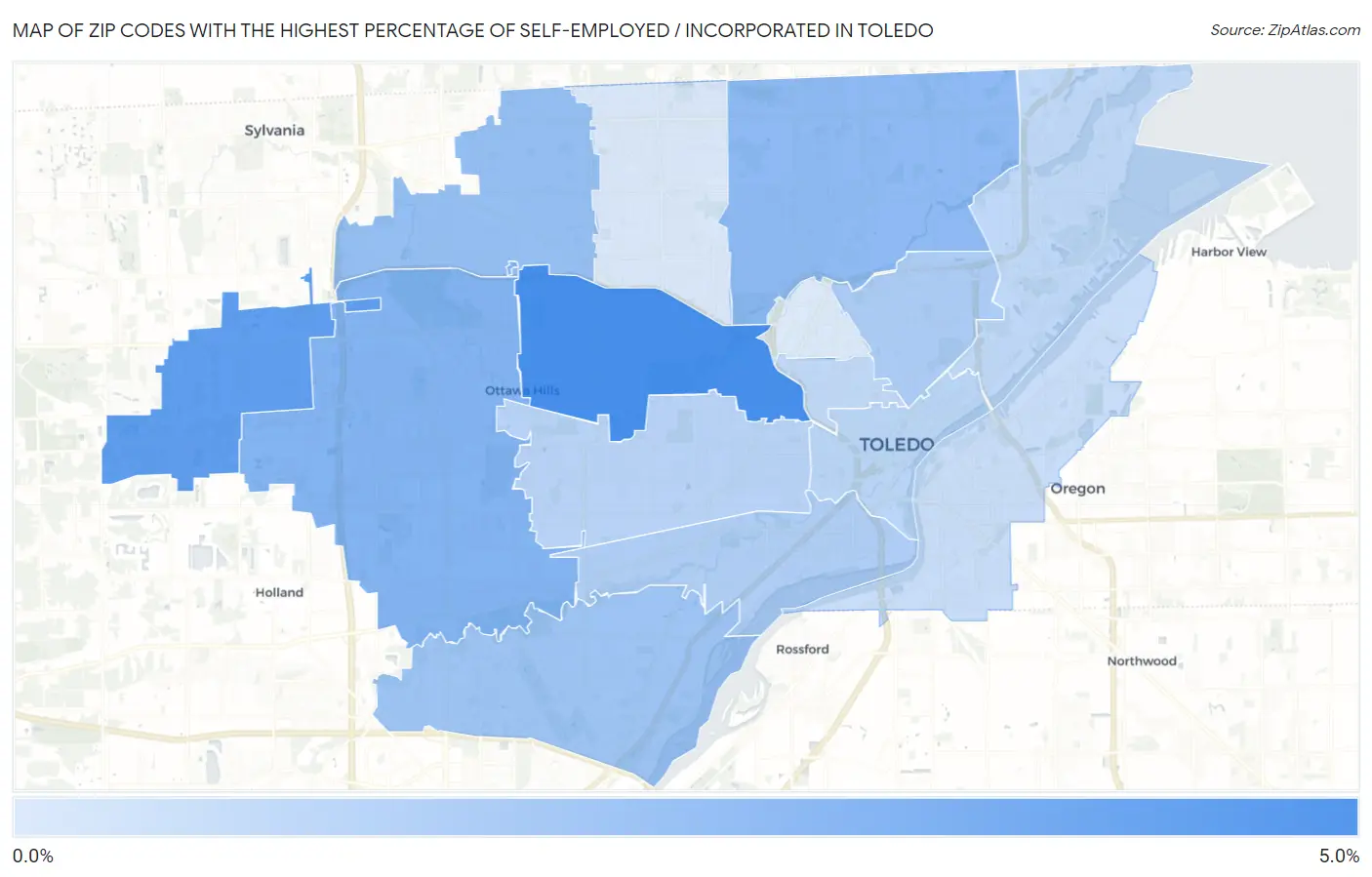 Zip Codes with the Highest Percentage of Self-Employed / Incorporated in Toledo Map