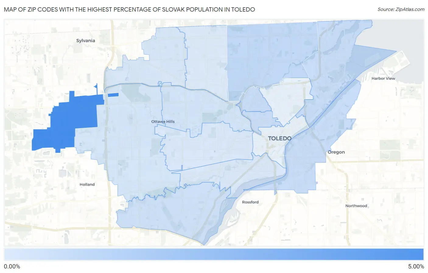 Zip Codes with the Highest Percentage of Slovak Population in Toledo Map