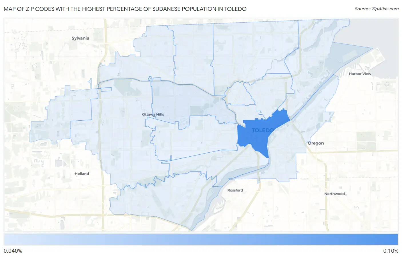Zip Codes with the Highest Percentage of Sudanese Population in Toledo Map