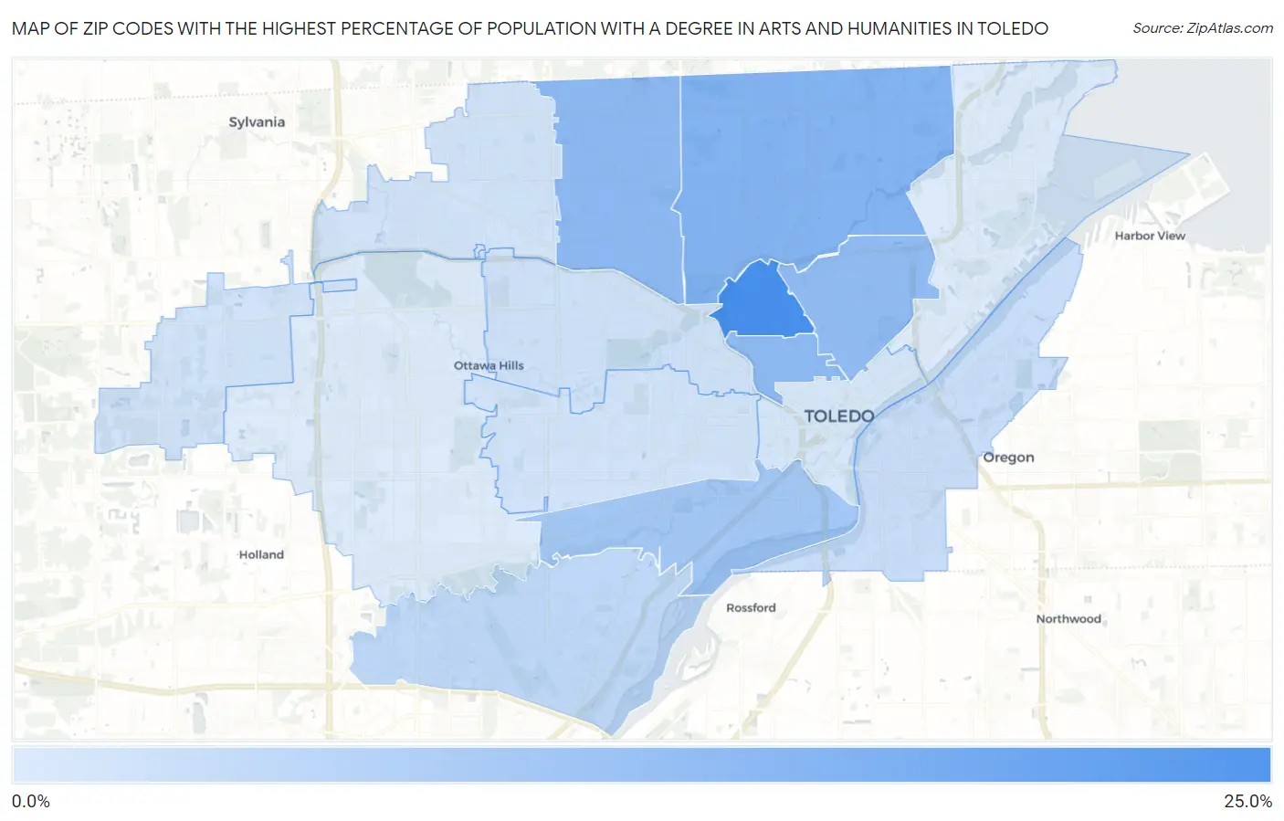 Zip Codes with the Highest Percentage of Population with a Degree in Arts and Humanities in Toledo Map