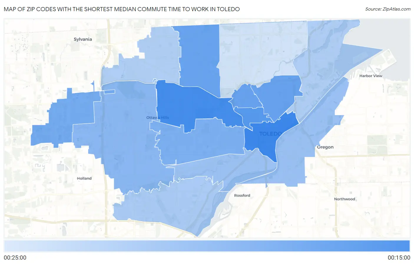 Zip Codes with the Shortest Median Commute Time to Work in Toledo Map