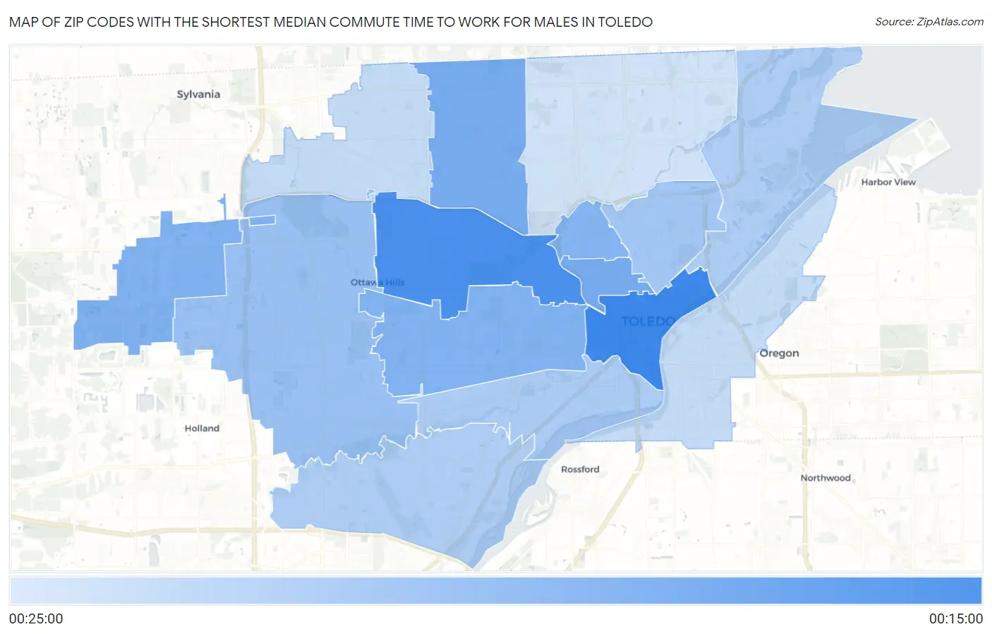 Zip Codes with the Shortest Median Commute Time to Work for Males in Toledo Map